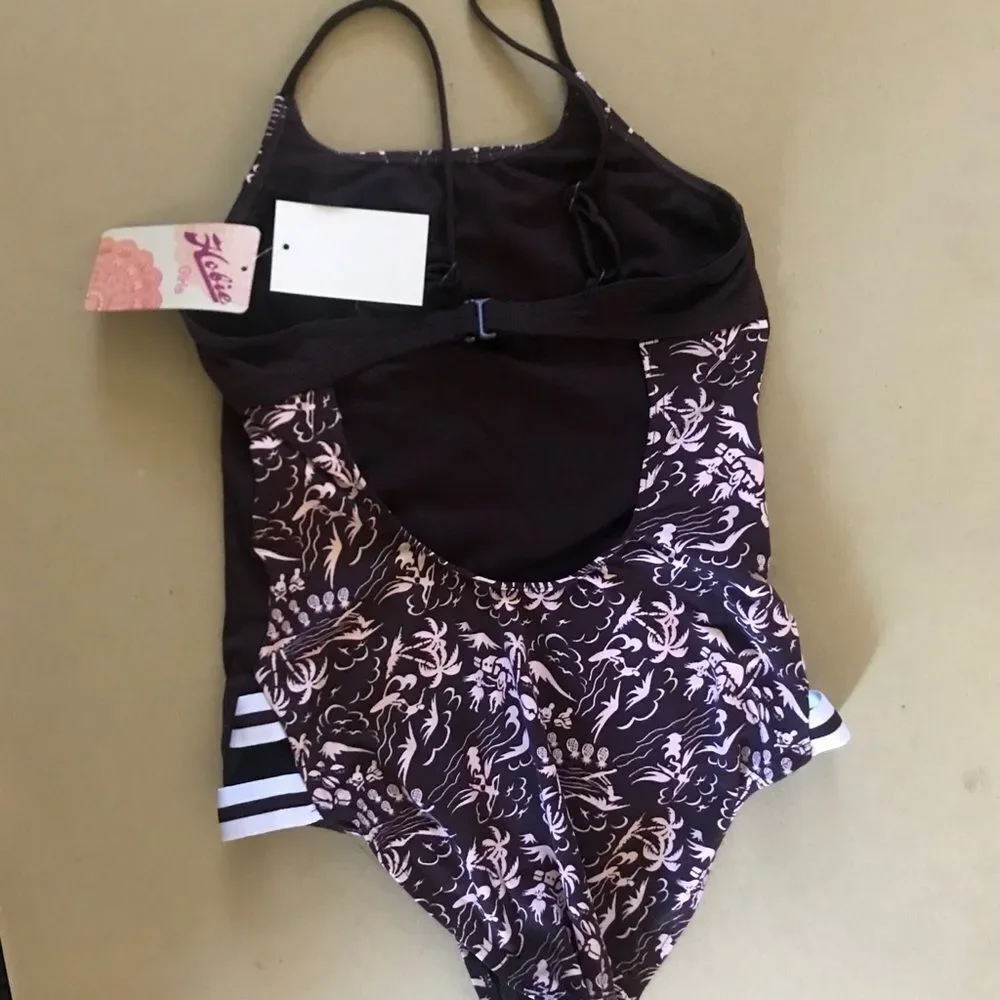 NWT Hobie Purple Girls One-Piece Swimsuit Tropical Palm Tree Print Kids Size 12